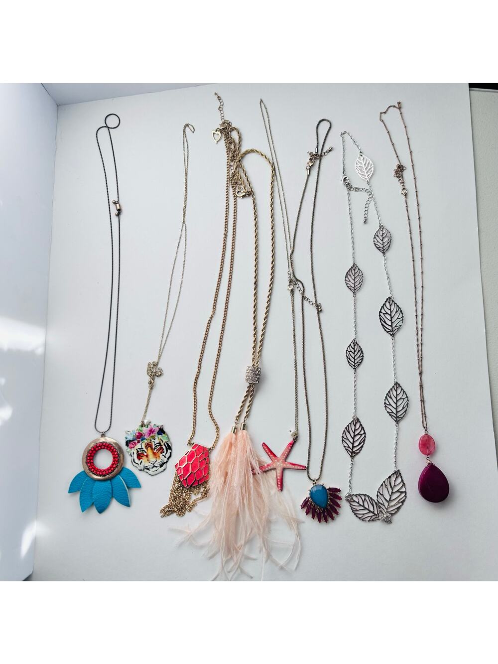 Long Statement Lot Necklaces Feather Tiger Bold Colors Silver Coral Starfish